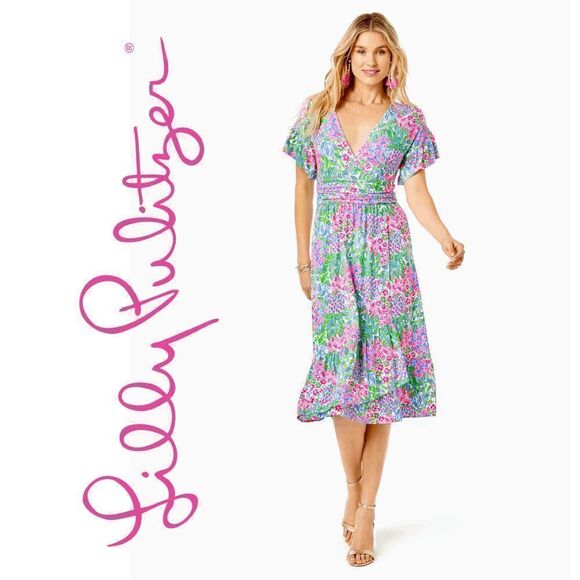 💗💚 LILLY PULITZER Juliet Ruffle V-Neck Midi Dress SIZE S NEW WITH TAGS - Picture 1 of 13